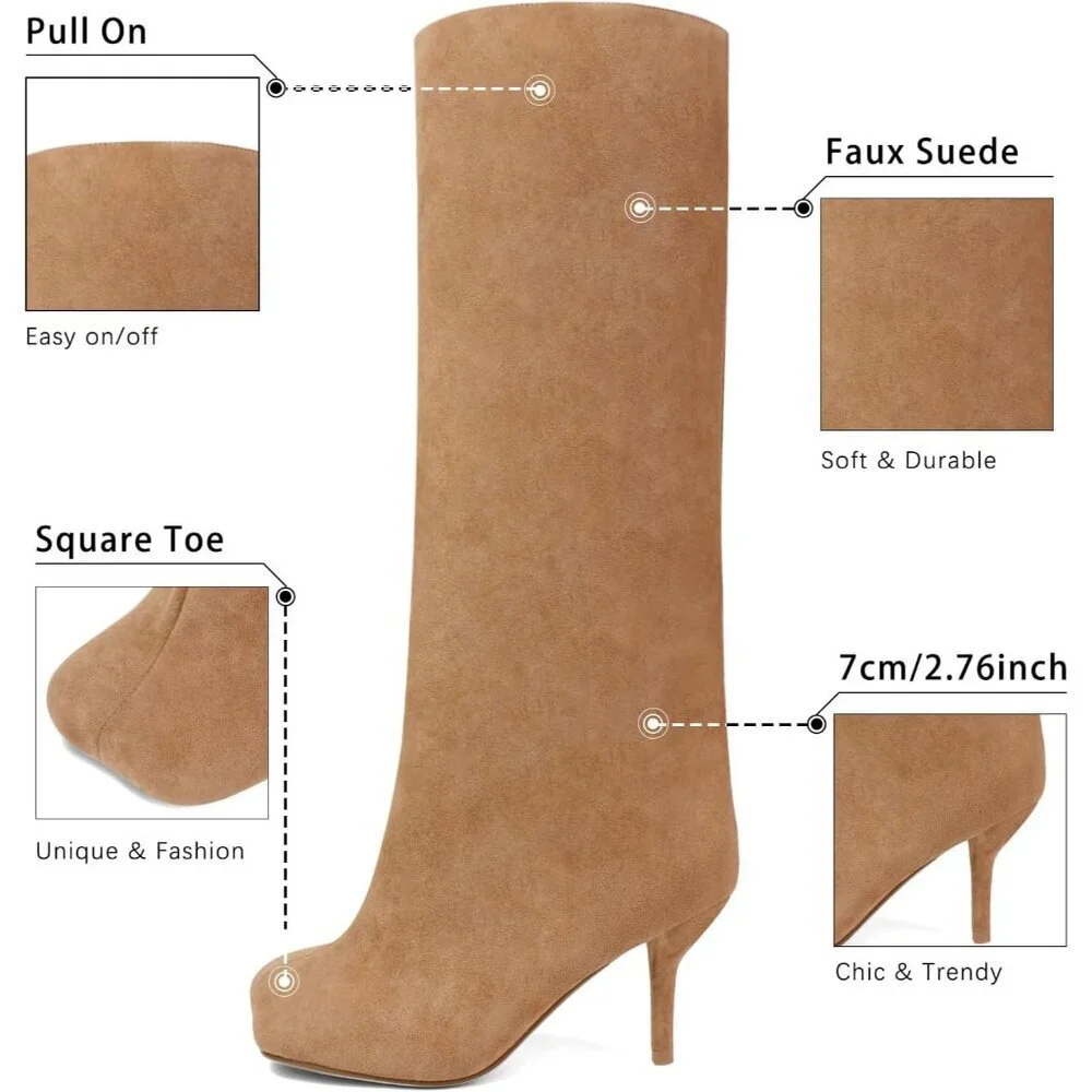Women's Nude Wide Calf Square Toe Stiletto Heels Knee High Suede Boots